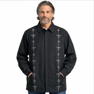 Irvine Park Shirt Mens‎ Large Black Embroidered Guayabera Zip Front Long Sleeve